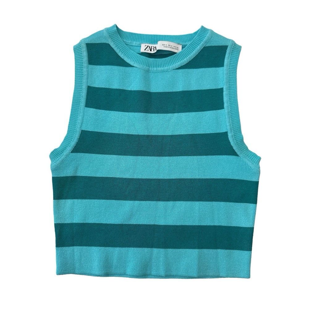 Zara Sleeveless Knit Crop Top Women's Small‎ Blue Stretch Crop Stripes